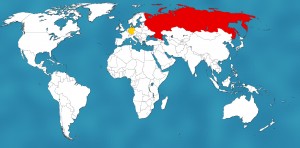 Russland (rot) ist das größte Land der Welt und liegt im Osten von Deutschland (gelb).